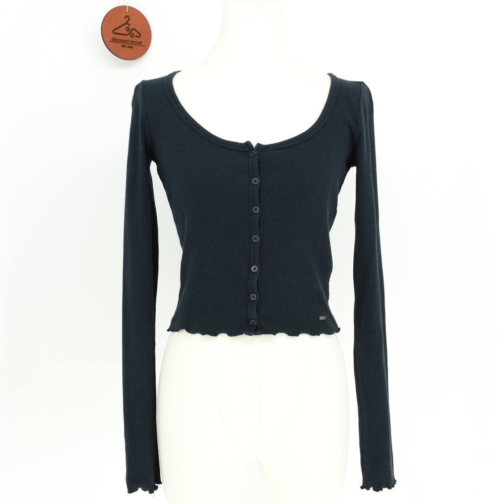 Hollister Black Ribbed Long Sleeve Baby Tee Button Up Size XS Lettuce Hem Crop